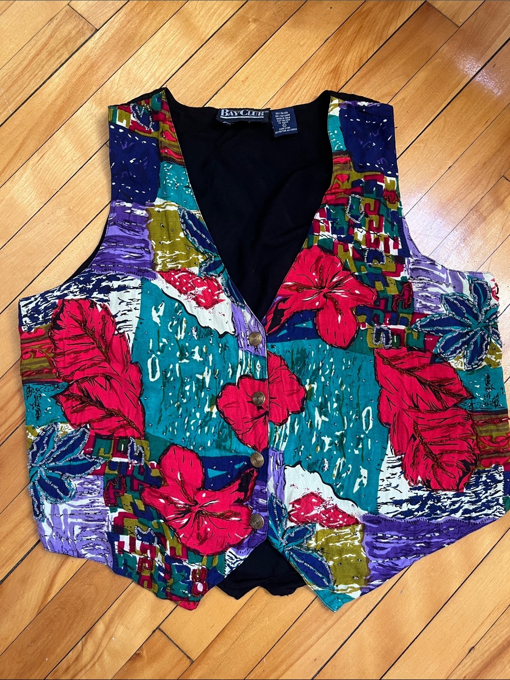 Vintage Floral Patchwork Beaded Vest with Bold Red Blossoms